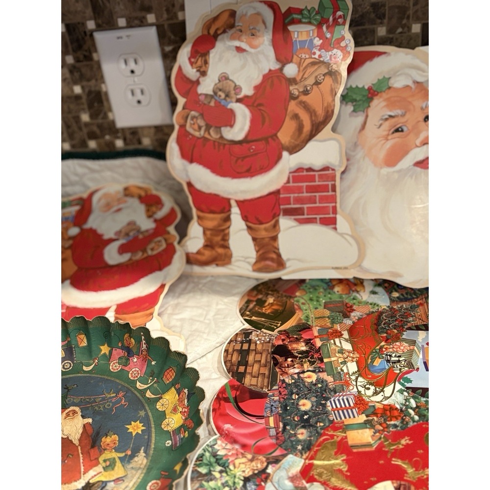 Vintage 1940-1950 9" Paper Christmas bowl, placemat, 3 cut out Santa cardboard